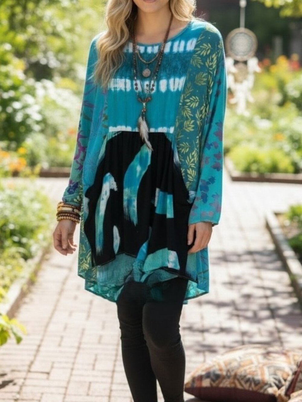 Wild Thing of Chico CA Blue Patchwork Boho Tunic Top Size XXL 100% Rayon